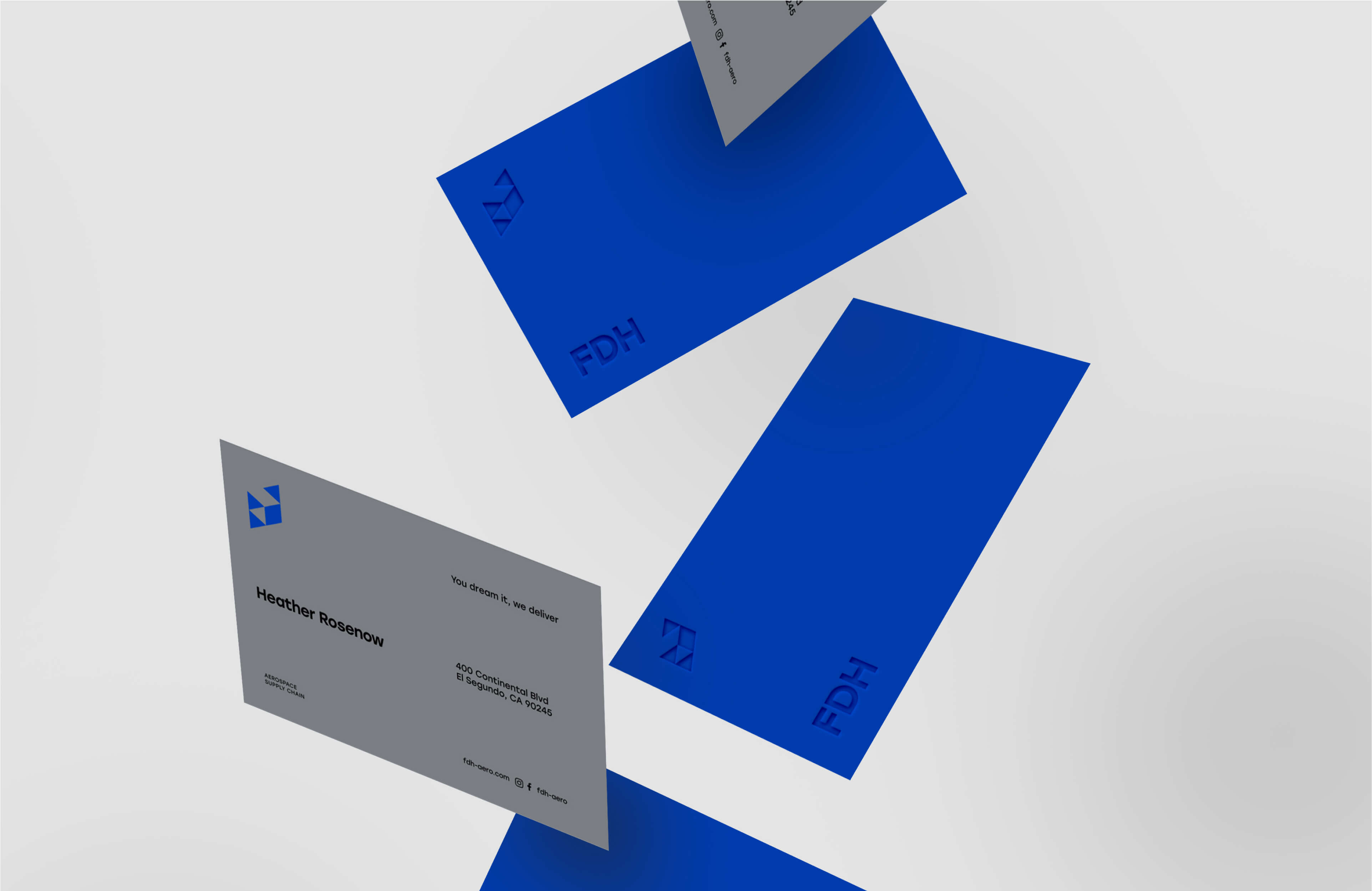 Aerospace brand floating business cards mockup.