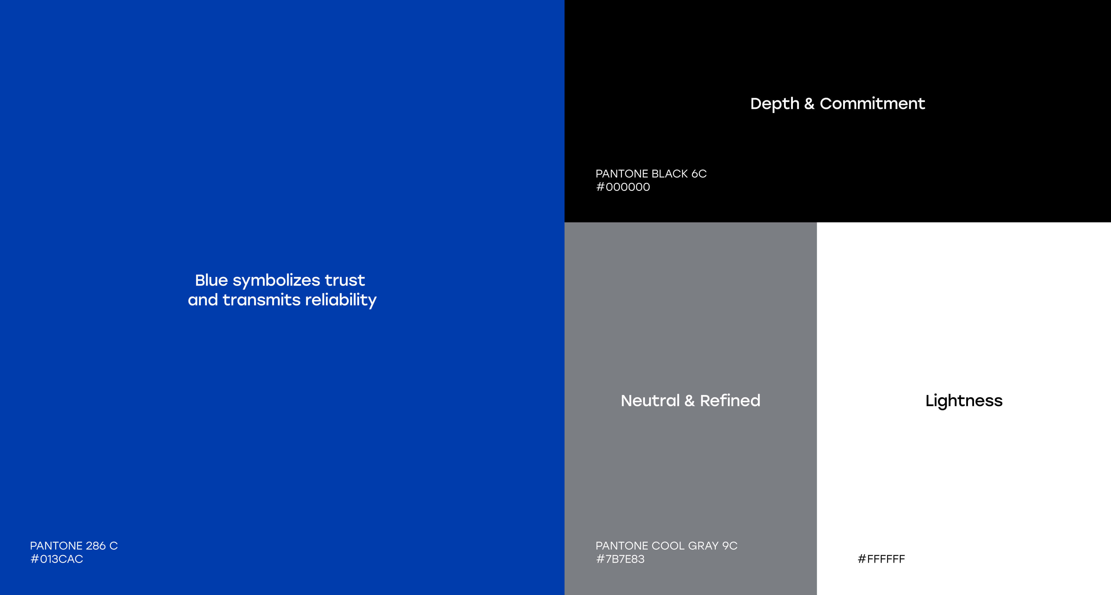 Brand identity colors: Blue, black, grey and white.