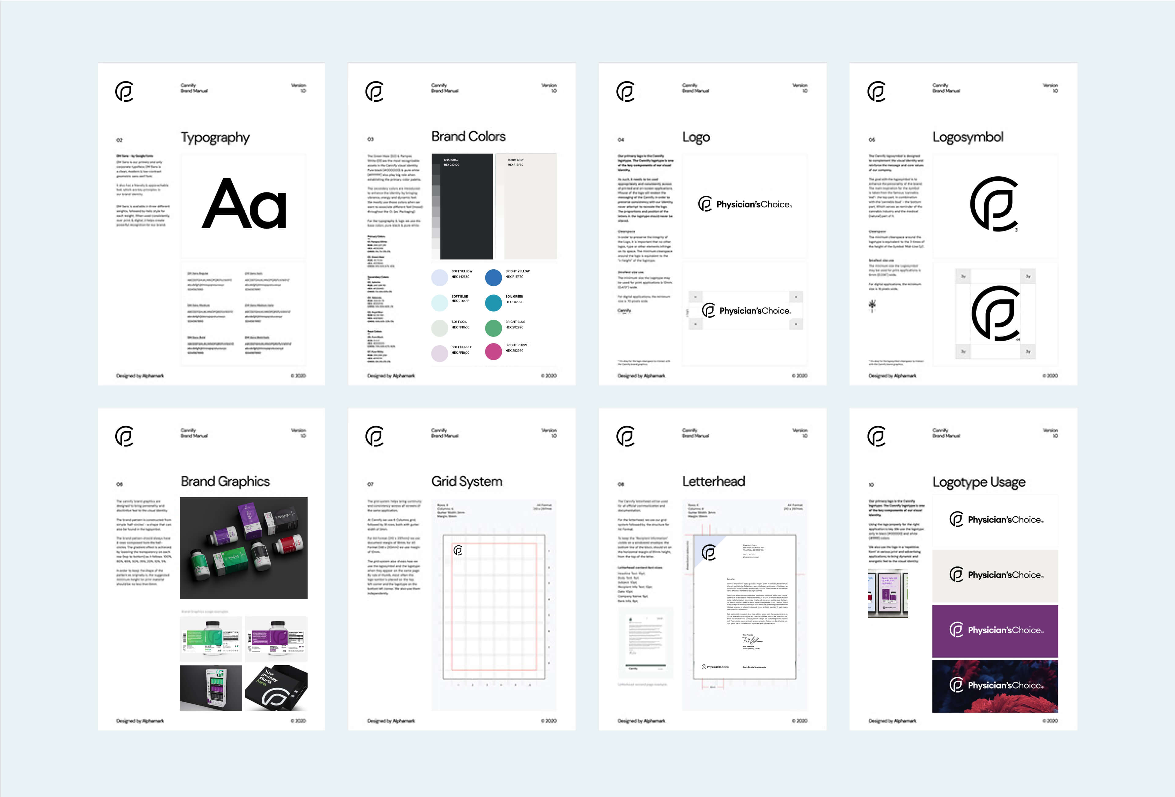 Collection of pages from brand identity guidelines depicting type, colors, logo usage and brand elements.