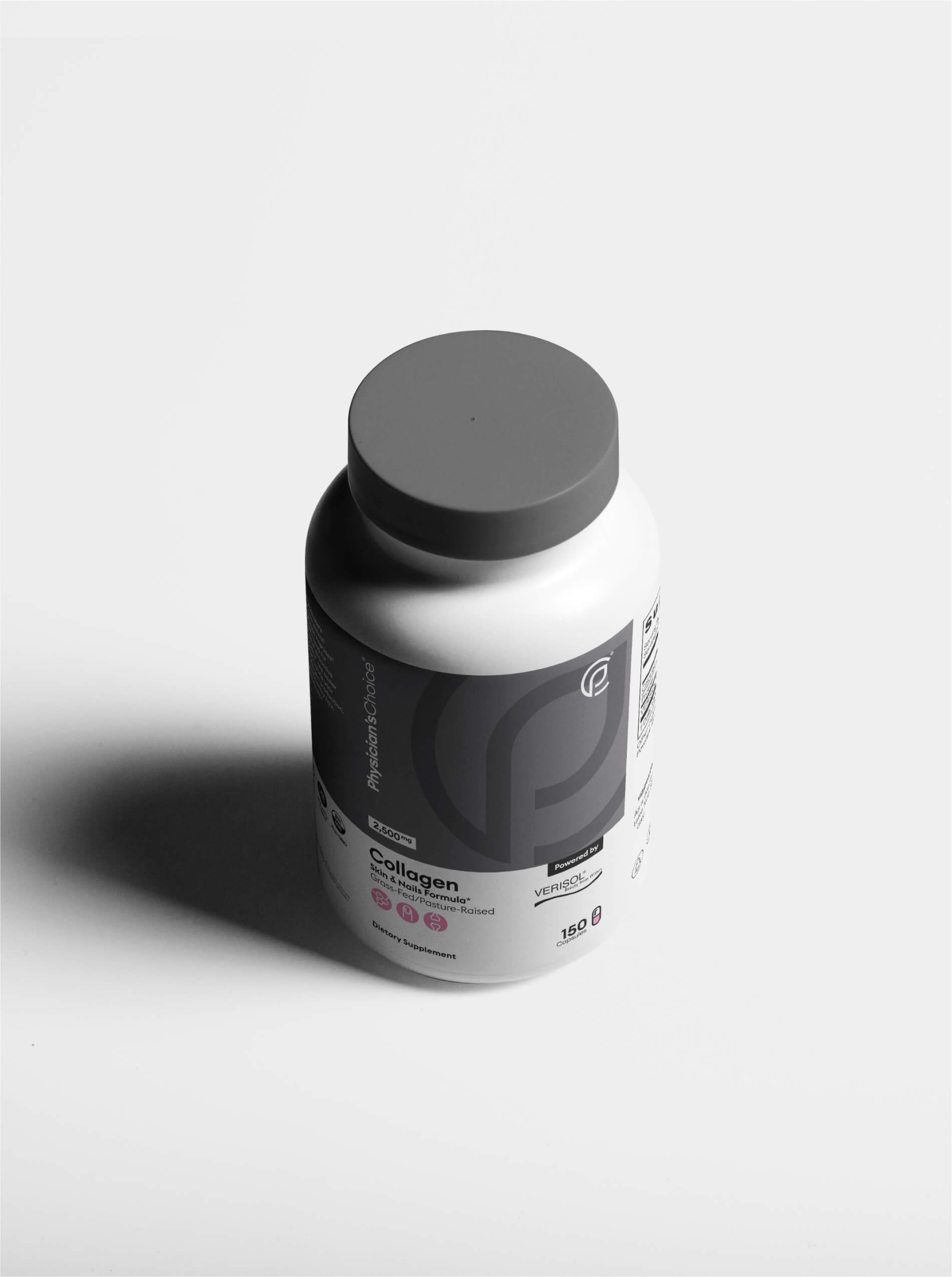 Product photography of a collagen supplement bottle on a simple light grey background.